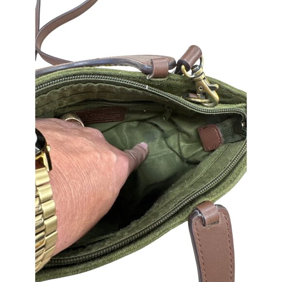 Relic Green Suede Brown Leather Floral Handle Crossbody Bag SKU 7056 - Picture 9 of 13